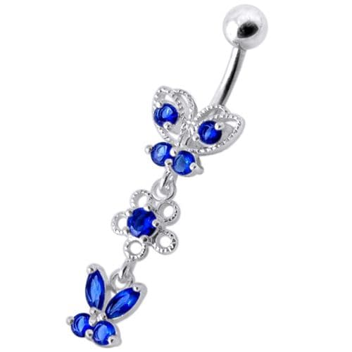 925 Sterling Silver Fancy Design Multi Jewelled Dangling SS Bar Navel Ring