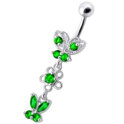 925 Sterling Silver Fancy Design Multi Jewelled Dangling SS Bar Navel Ring