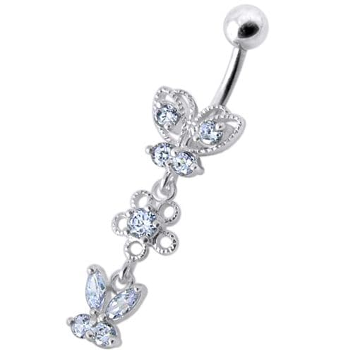 925 Sterling Silver Fancy Design Multi Jewelled Dangling SS Bar Navel Ring