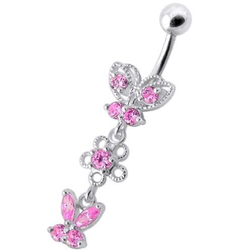925 Sterling Silver Fancy Design Multi Jewelled Dangling SS Bar Navel Ring