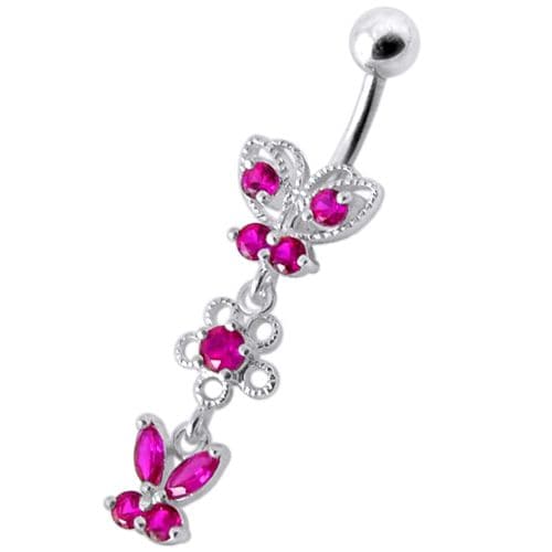 925 Sterling Silver Fancy Design Multi Jewelled Dangling SS Bar Navel Ring