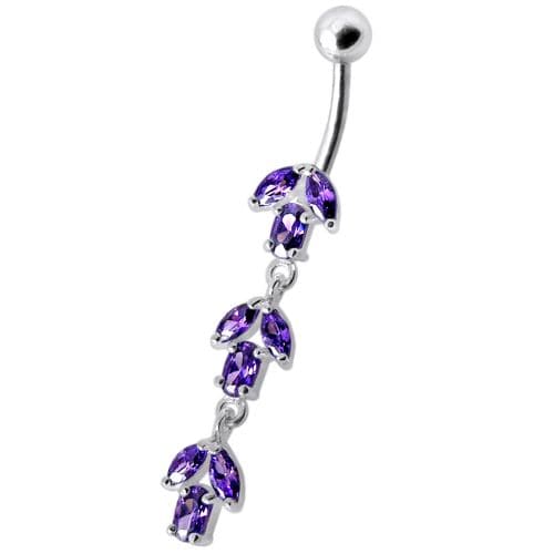 925 Sterling Silver Fancy Multi Stone Jewelled Leaf Dangling Navel Ring
