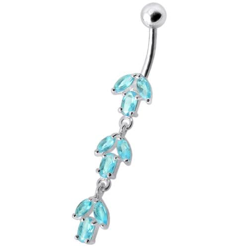 925 Sterling Silver Fancy Multi Stone Jewelled Leaf Dangling Navel Ring