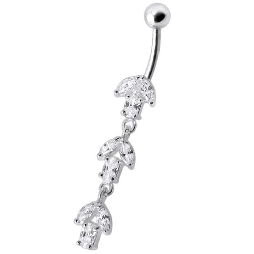 925 Sterling Silver Fancy Multi Stone Jewelled Leaf Dangling Navel Ring
