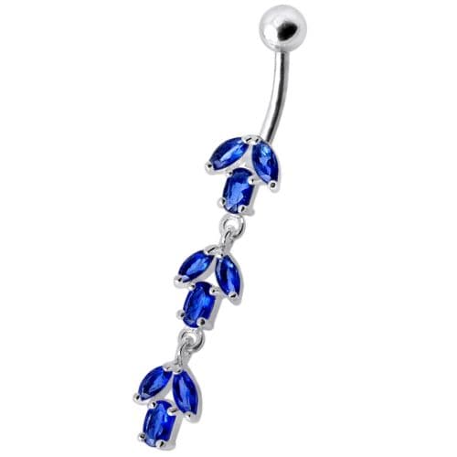 925 Sterling Silver Fancy Multi Stone Jewelled Leaf Dangling Navel Ring