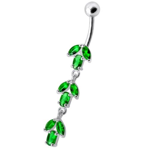 925 Sterling Silver Fancy Multi Stone Jewelled Leaf Dangling Navel Ring