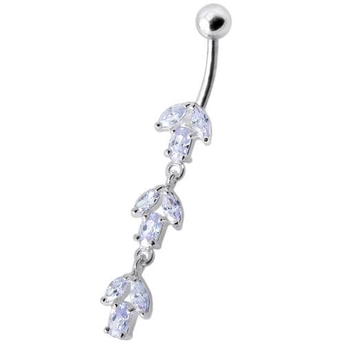 925 Sterling Silver Fancy Multi Stone Jewelled Leaf Dangling Navel Ring