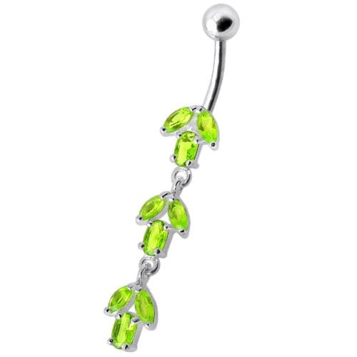 925 Sterling Silver Fancy Multi Stone Jewelled Leaf Dangling Navel Ring
