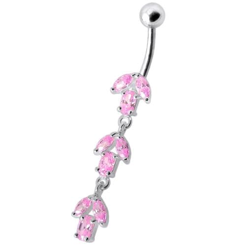 925 Sterling Silver Fancy Multi Stone Jewelled Leaf Dangling Navel Ring