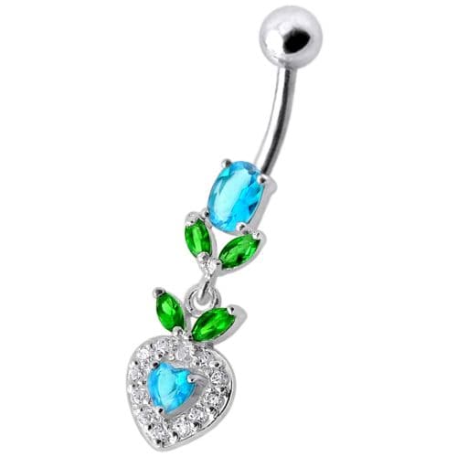 925 Sterling Silver Fancy Multi Stone Leafs With Heart Dangling Navel Ring