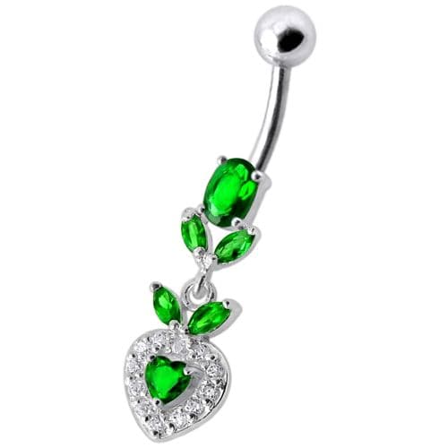 925 Sterling Silver Fancy Multi Stone Leafs With Heart Dangling Navel Ring