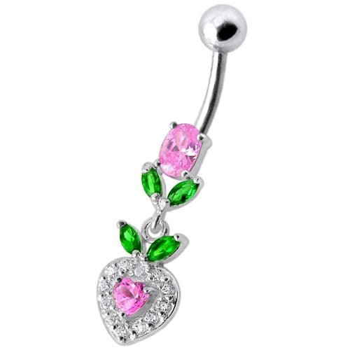 925 Sterling Silver Fancy Multi Stone Leafs With Heart Dangling Navel Ring