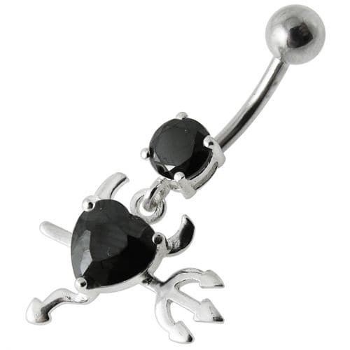 925 Sterling Silver Jewelled Devil heart Dangling Belly Ring