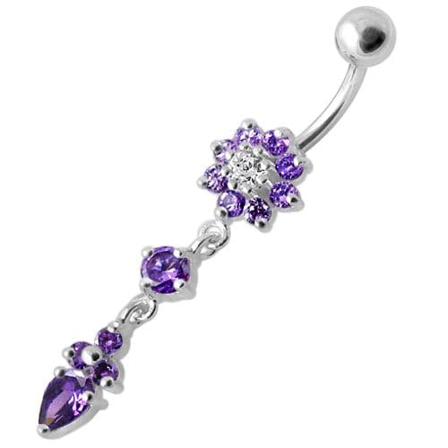 925 Sterling Silver Fancy Flower Dangling Banana Belly Ring