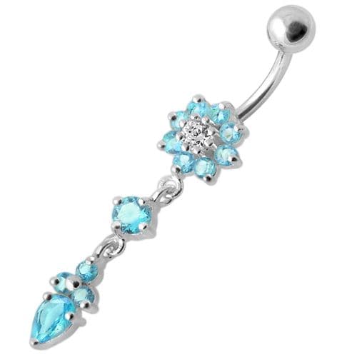 925 Sterling Silver Fancy Flower Dangling Banana Belly Ring