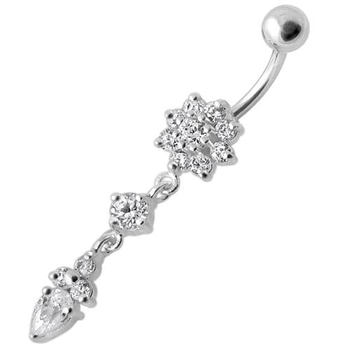 925 Sterling Silver Fancy Flower Dangling Banana Belly Ring