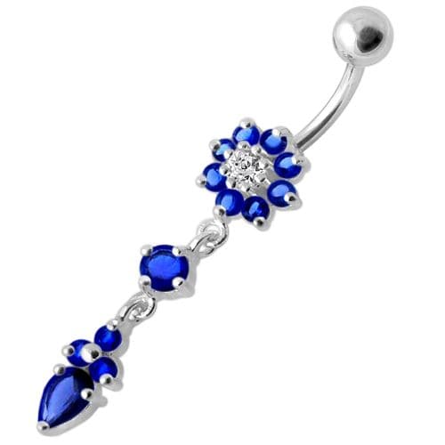 925 Sterling Silver Fancy Flower Dangling Banana Belly Ring