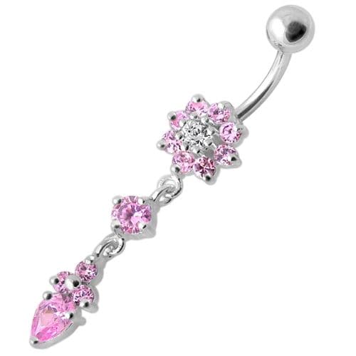 925 Sterling Silver Fancy Flower Dangling Banana Belly Ring