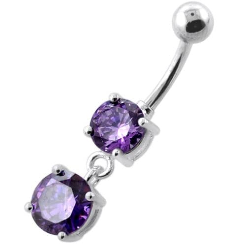 925 Sterling Silver Round Jewelled Hanging Belly Bar