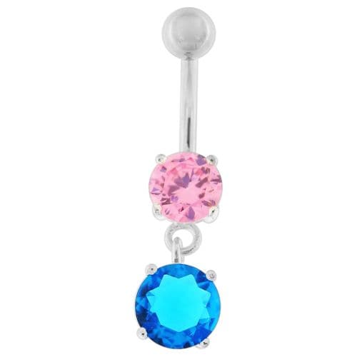 925 Sterling Silver Round Jewelled Hanging Belly Bar
