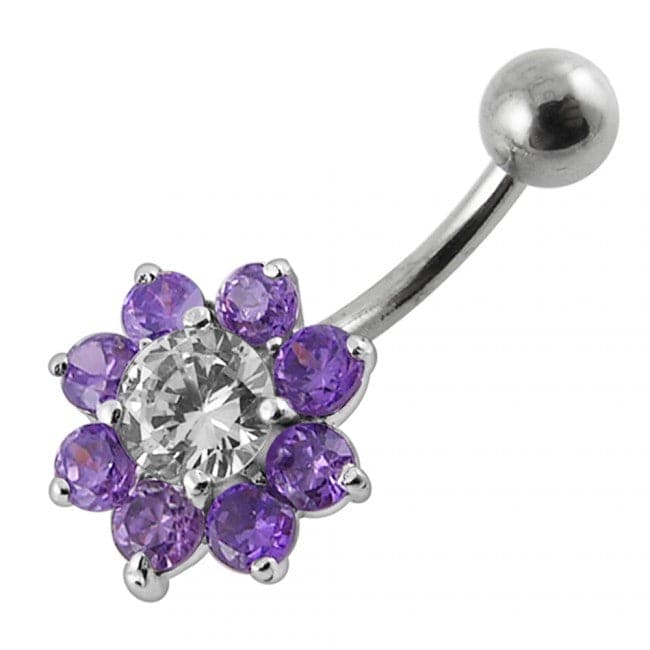 925 Sterling Silver Jewelled Flower Non-Moving Belly Ring