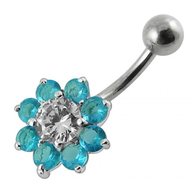 925 Sterling Silver Jewelled Flower Non-Moving Belly Ring