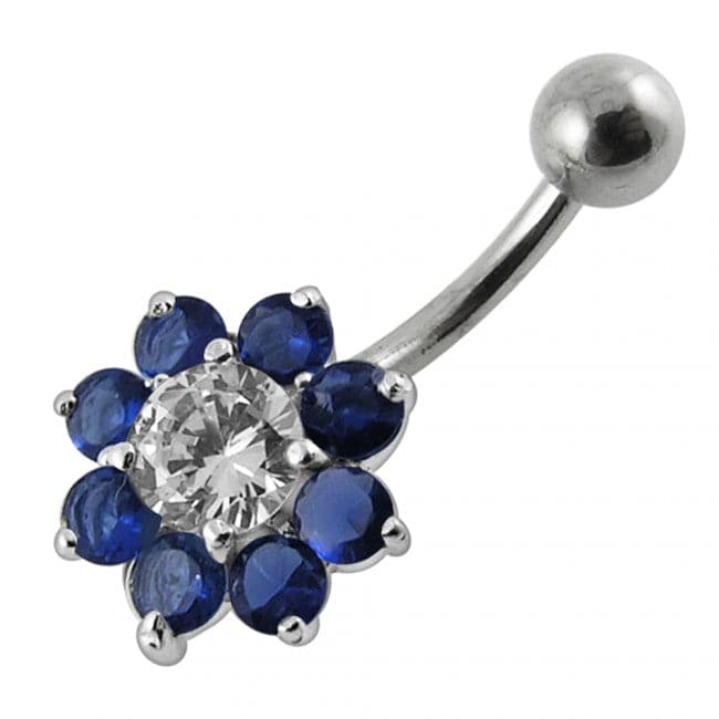 925 Sterling Silver Jewelled Flower Non-Moving Belly Ring