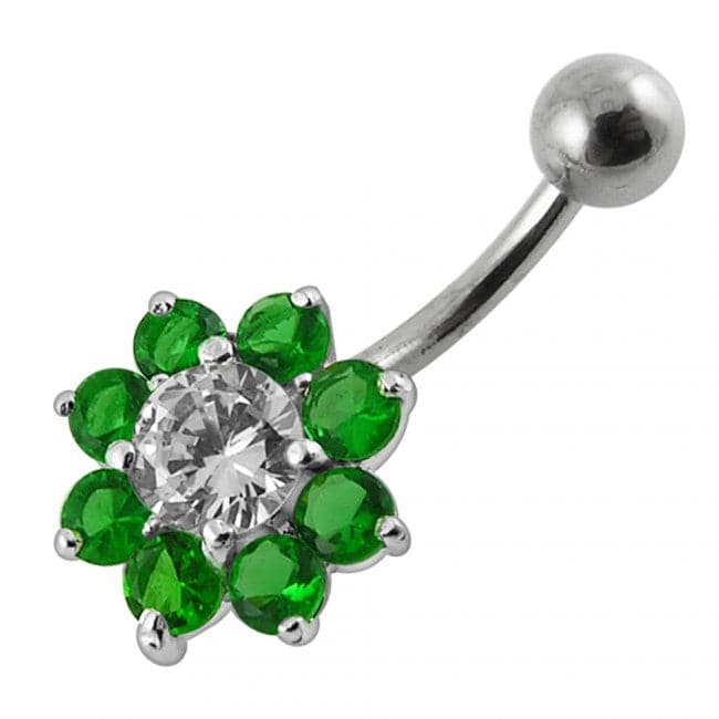 925 Sterling Silver Jewelled Flower Non-Moving Belly Ring