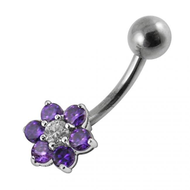 925 Sterling Silver Jewelled Flower Non-Moving Belly Ring
