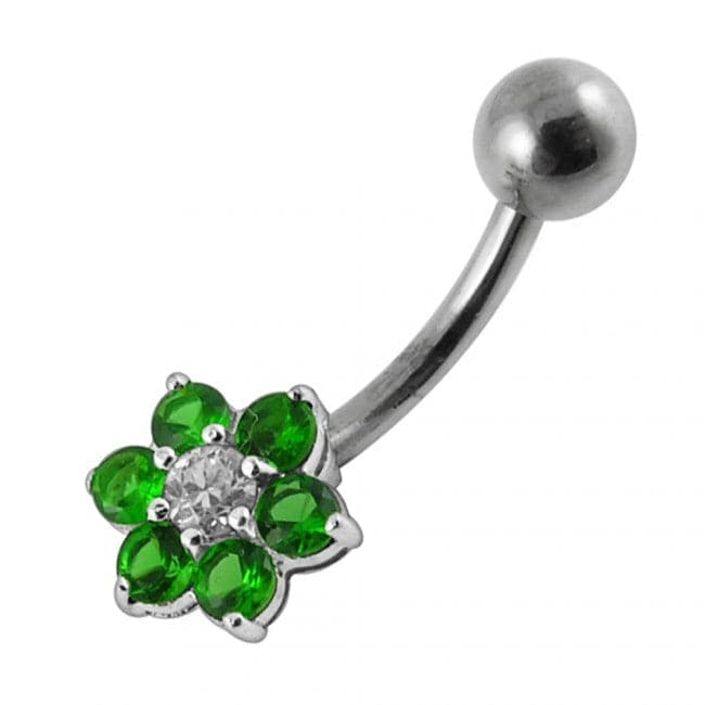 925 Sterling Silver Jewelled Flower Non-Moving Belly Ring