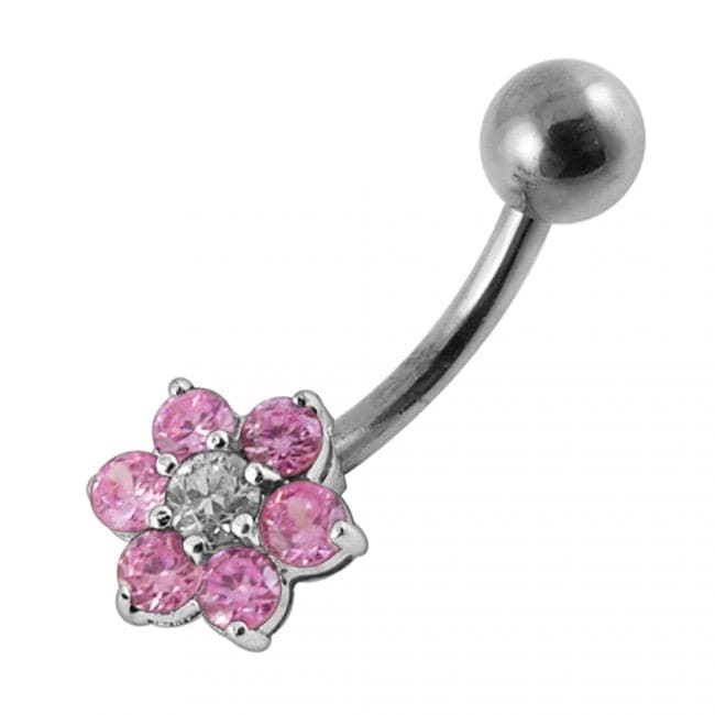 925 Sterling Silver Jewelled Flower Non-Moving Belly Ring