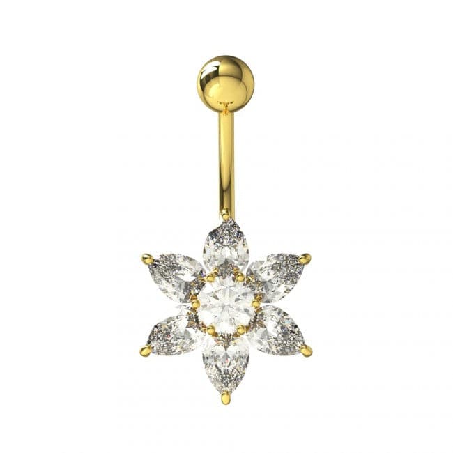 925 Sterling Silver Yellow Gold Plated Clear Jewel Flower Navel Belly Bar