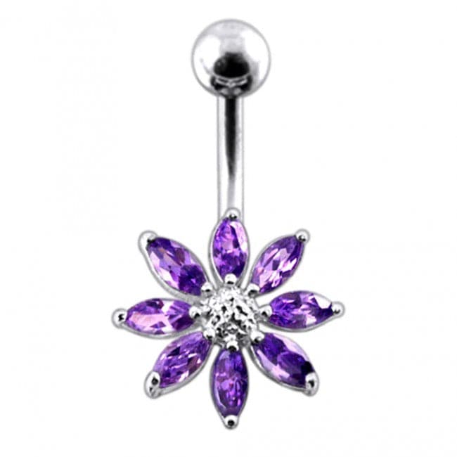 925 Sterling Silver Jewelled Flower With SS Curved Bar Belly Ring