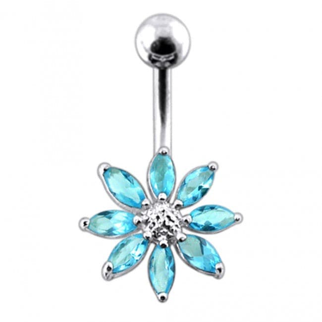 925 Sterling Silver Jewelled Flower With SS Curved Bar Belly Ring