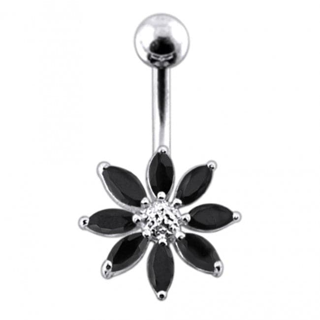 925 Sterling Silver Jewelled Flower With SS Curved Bar Belly Ring
