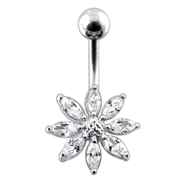925 Sterling Silver Jewelled Flower With SS Curved Bar Belly Ring
