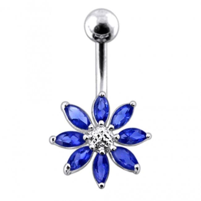 925 Sterling Silver Jewelled Flower With SS Curved Bar Belly Ring