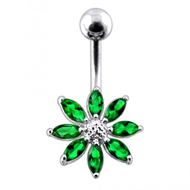 925 Sterling Silver Jewelled Flower With SS Curved Bar Belly Ring