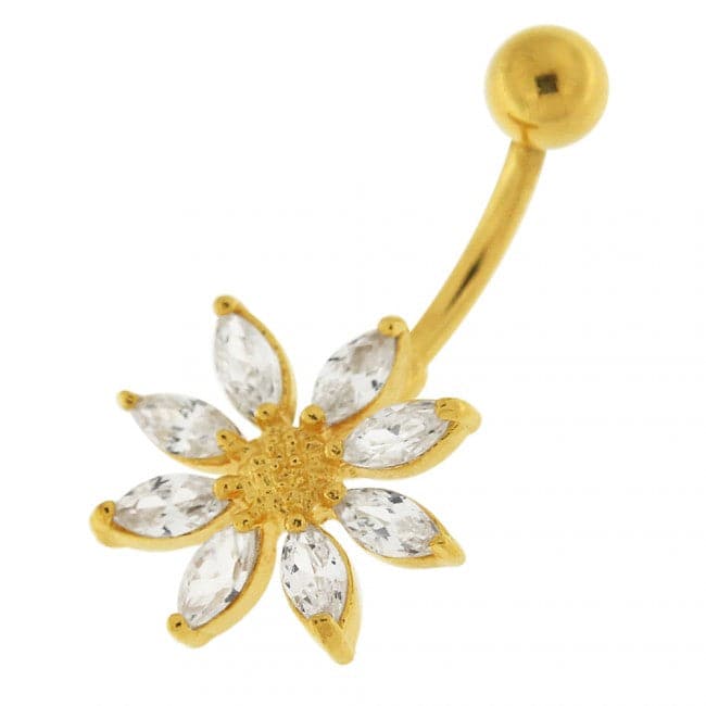 925 Sterling Silver Jewelled Flower With SS Curved Bar Belly Ring