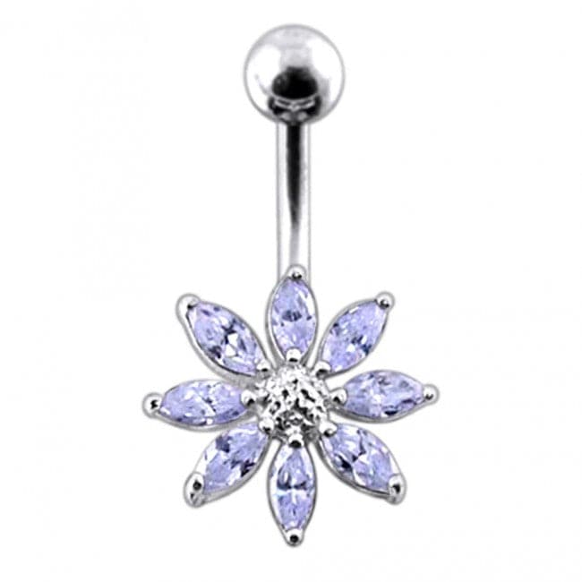 925 Sterling Silver Jewelled Flower With SS Curved Bar Belly Ring