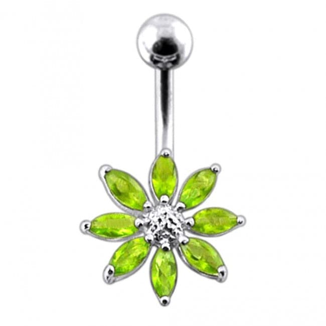 925 Sterling Silver Jewelled Flower With SS Curved Bar Belly Ring