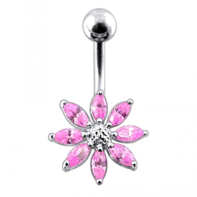 925 Sterling Silver Jewelled Flower With SS Curved Bar Belly Ring