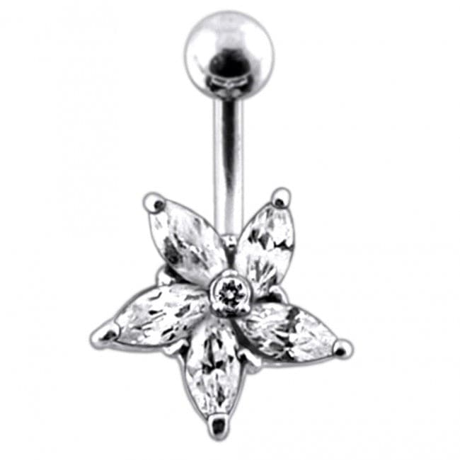 925 Sterling Silver Jewelled Flower Non-Moving Belly Ring