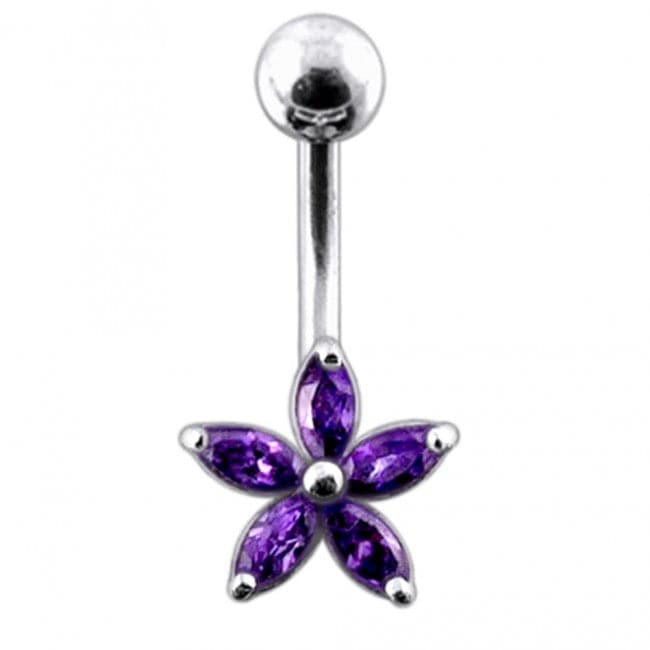 925 Sterling Silver Single Colour Jewelled Flower With SS Curved Banana Belly Ring