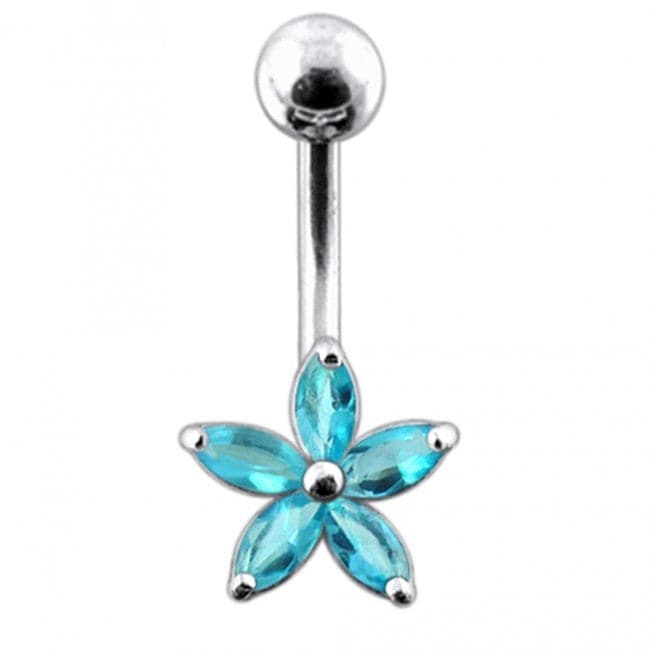 925 Sterling Silver Single Colour Jewelled Flower With SS Curved Banana Belly Ring