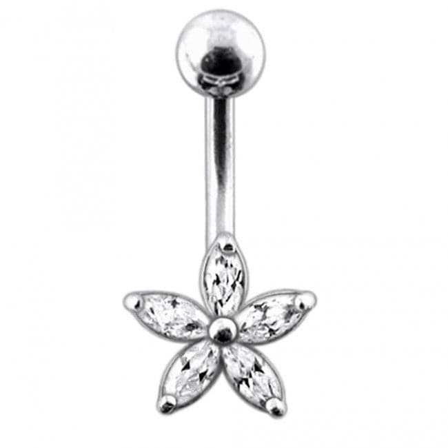 925 Sterling Silver Single Colour Jewelled Flower With SS Curved Banana Belly Ring