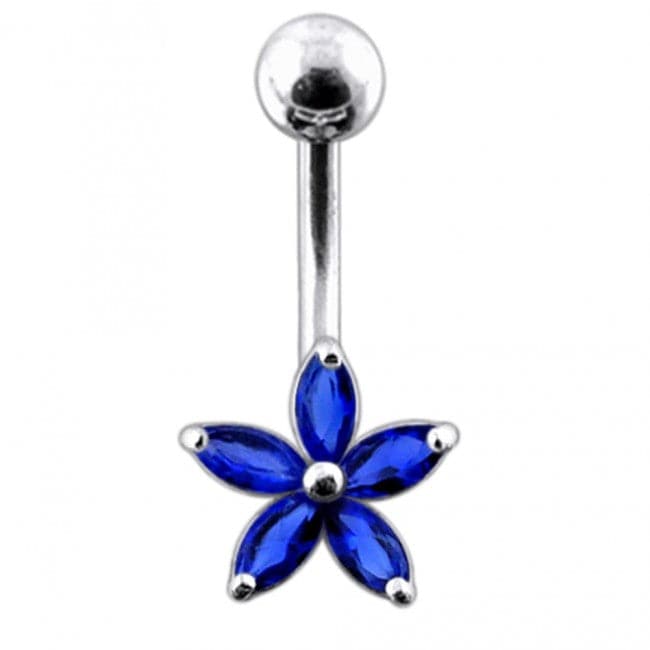925 Sterling Silver Single Colour Jewelled Flower With SS Curved Banana Belly Ring