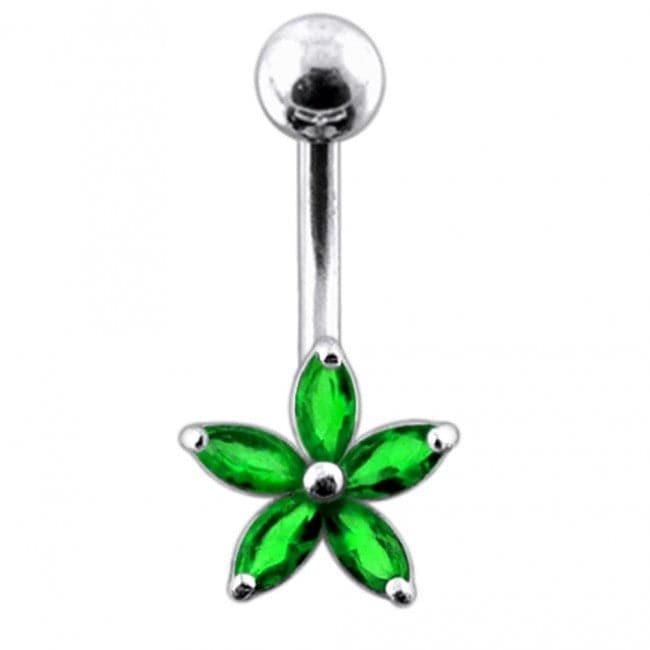 925 Sterling Silver Single Colour Jewelled Flower With SS Curved Banana Belly Ring