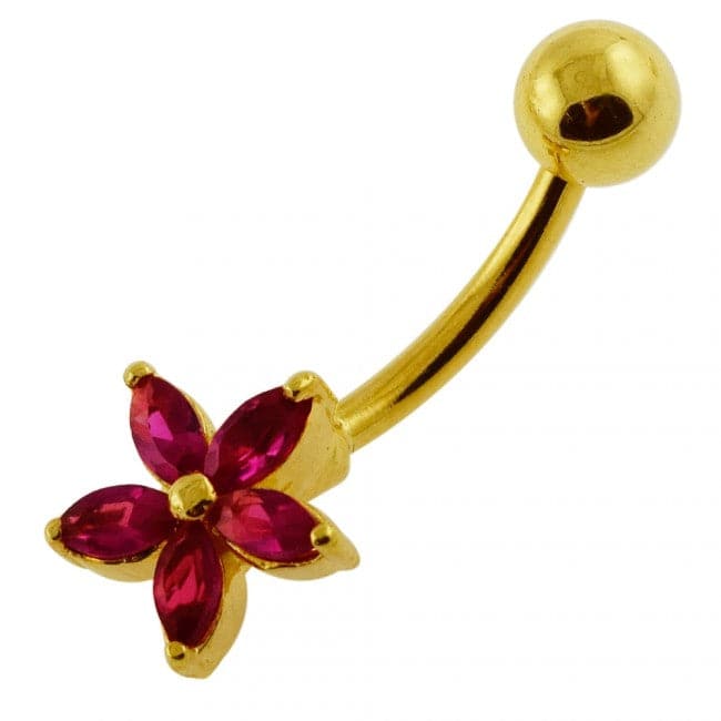 925 Sterling Silver Single Colour Jewelled Flower With SS Curved Banana Belly Ring