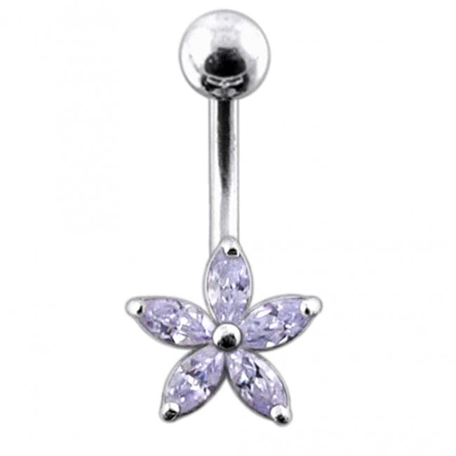 925 Sterling Silver Single Colour Jewelled Flower With SS Curved Banana Belly Ring